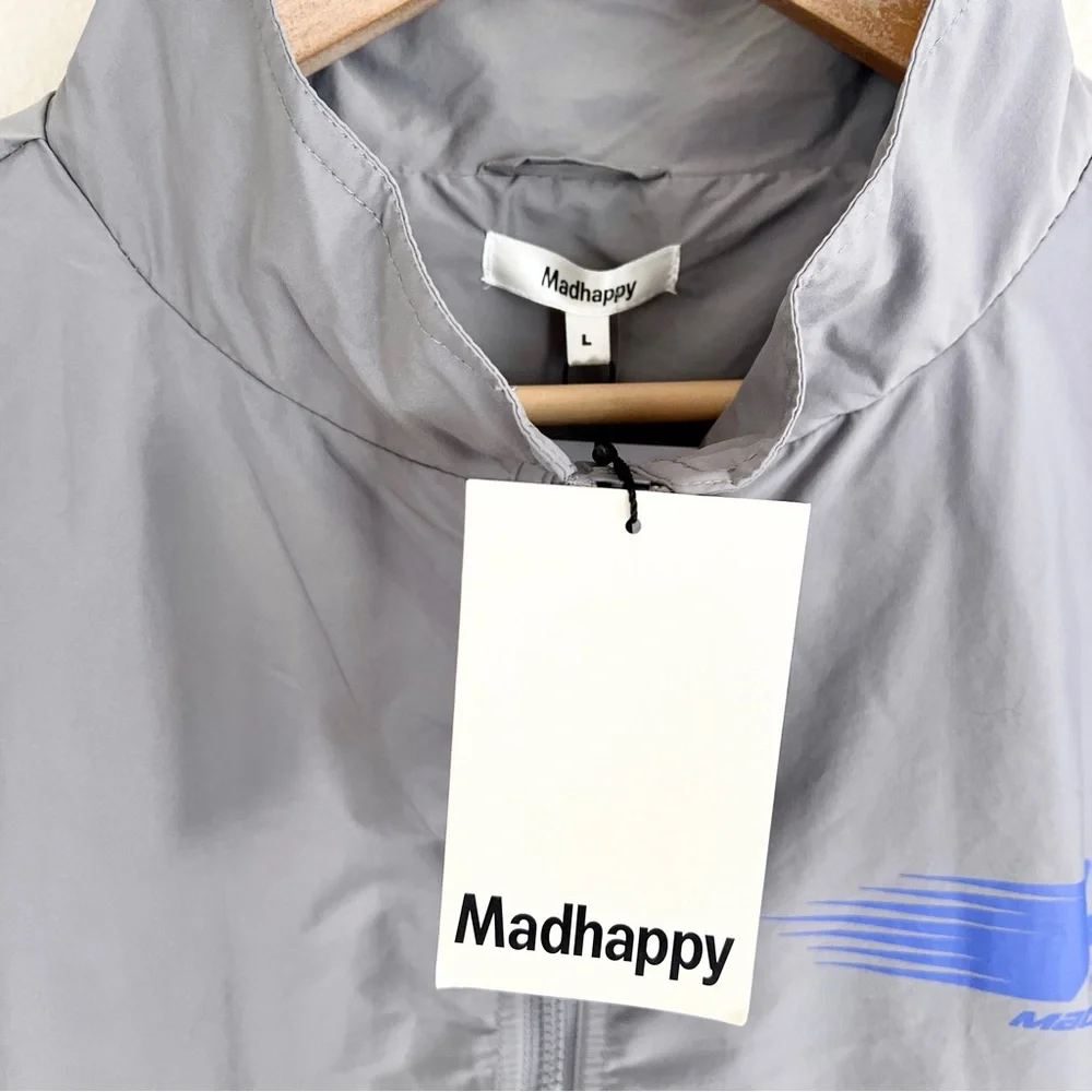 MADHAPPY Athletics Nylon Warm Up Graphic Bomber Jacket in Grey